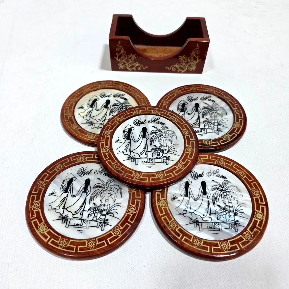 Boho Coasters Brown Mother of Pearl Inlay Dark Wood Vietnam Set 5 Eclectic Art